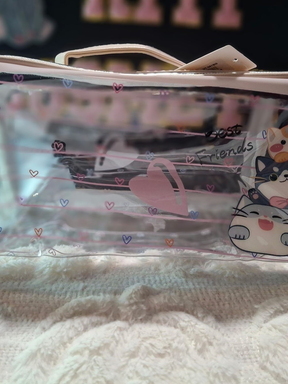 Clear Pink Heart Tote Bag with Cute Cat Design